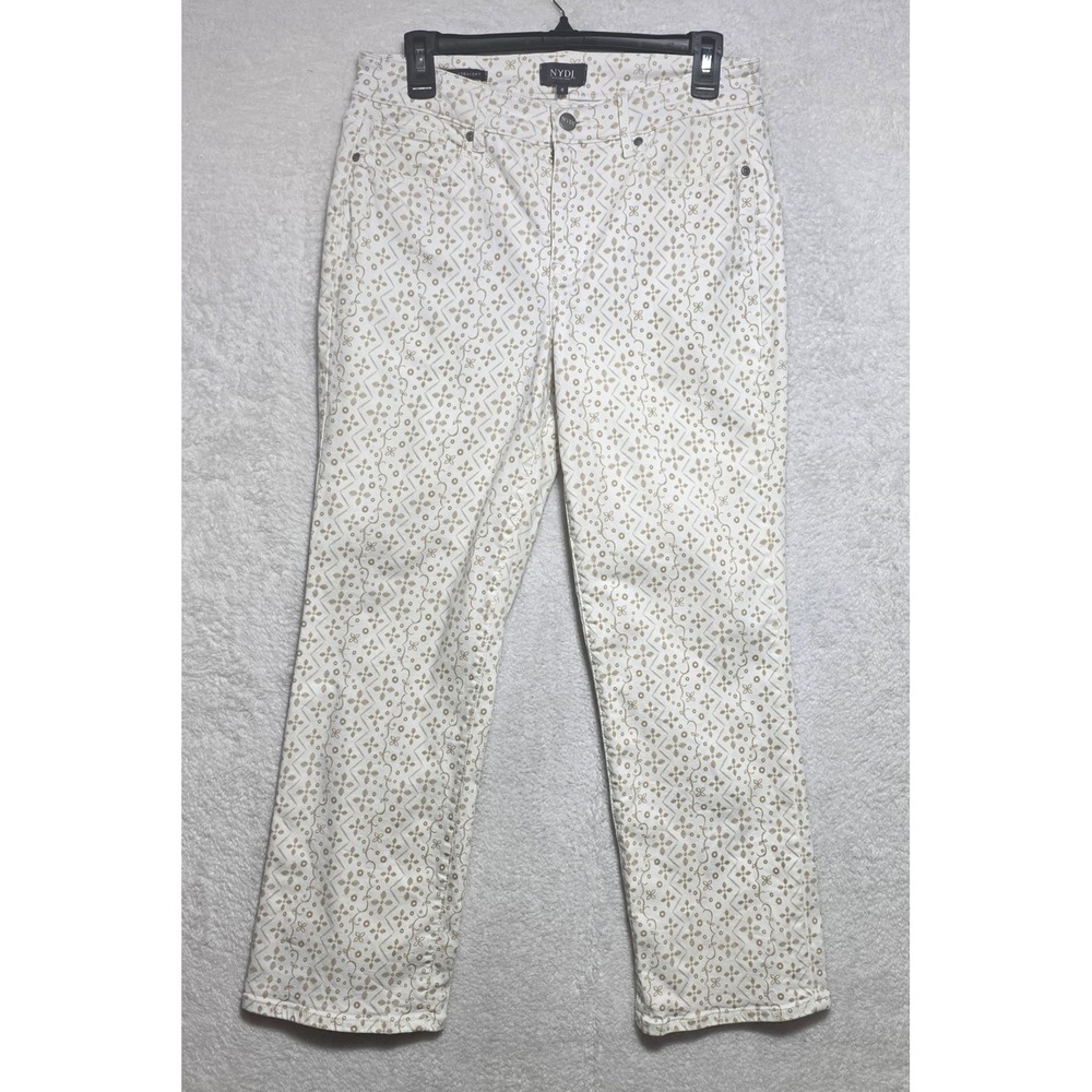 NYDJ Marilyn Straight Leg Pants Size 8 White Tan Geometric Print Lift Tuck